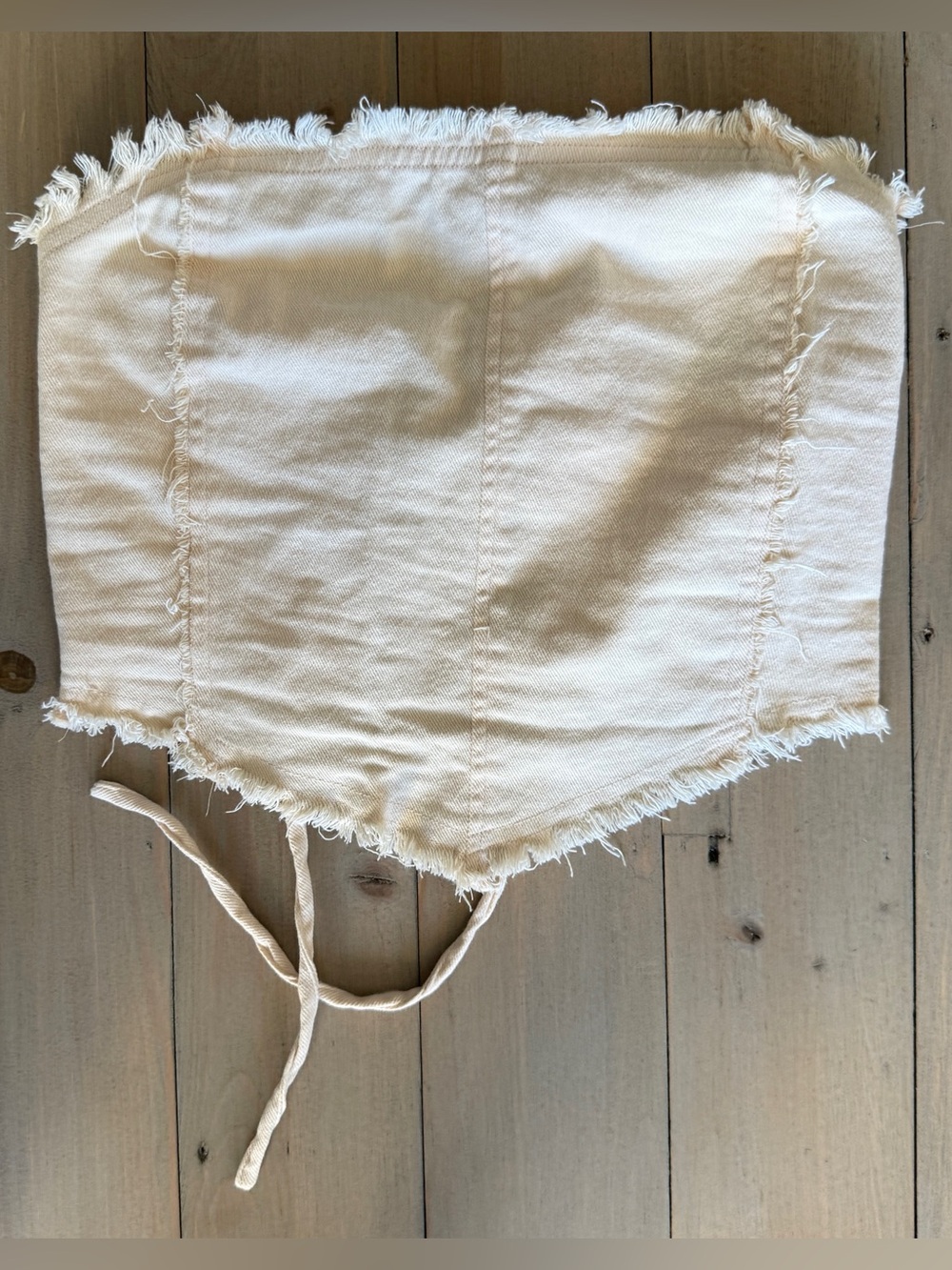 White Fox Boutique Pastel Yellow Frayed Strapless Tie Back Crop Top